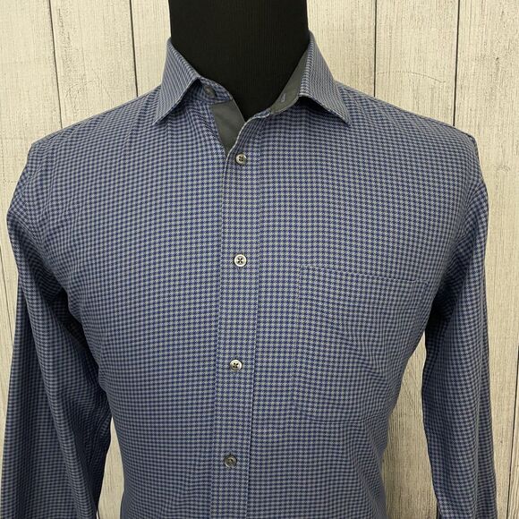Paul Fredrick Other - Paul Fredrick Mens Size 16 Blue Houndstooth Slim Fit Non-Iron Button-Front Shirt